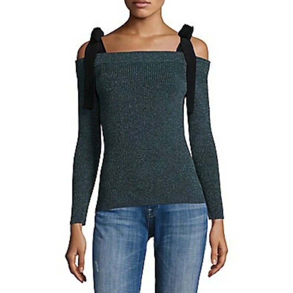 Rebecca Taylor Lurex Bow Sweater M Blue Metallic Silk Trim NWT Off The Shoulder